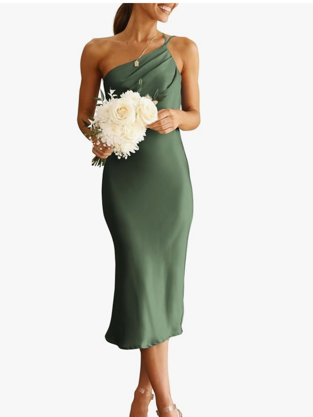 Sage green one shoulder Satin Midi dress